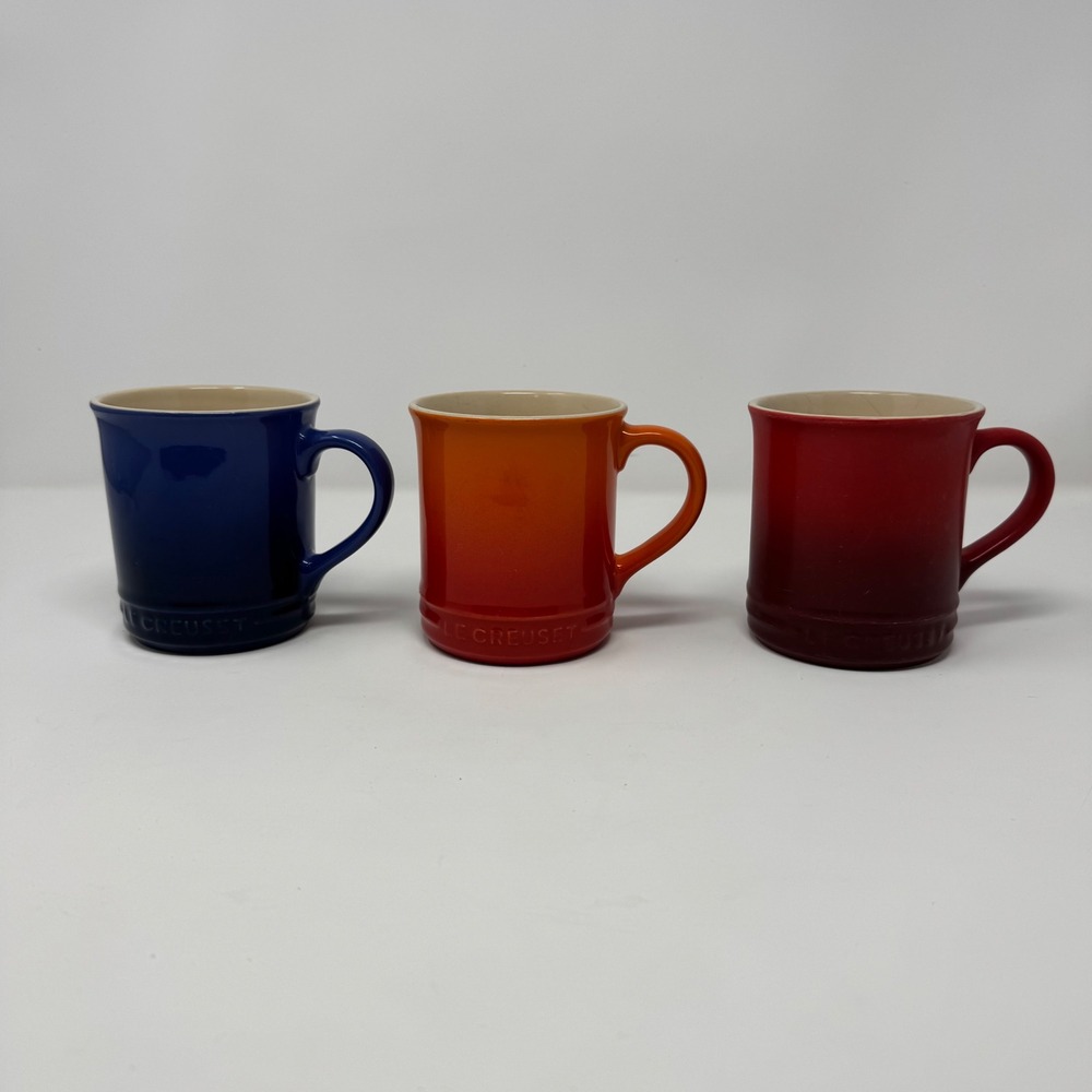 Lot of 3 Le Creuset Classic Stoneware Vancouver Mugs Orange Red Blue Used